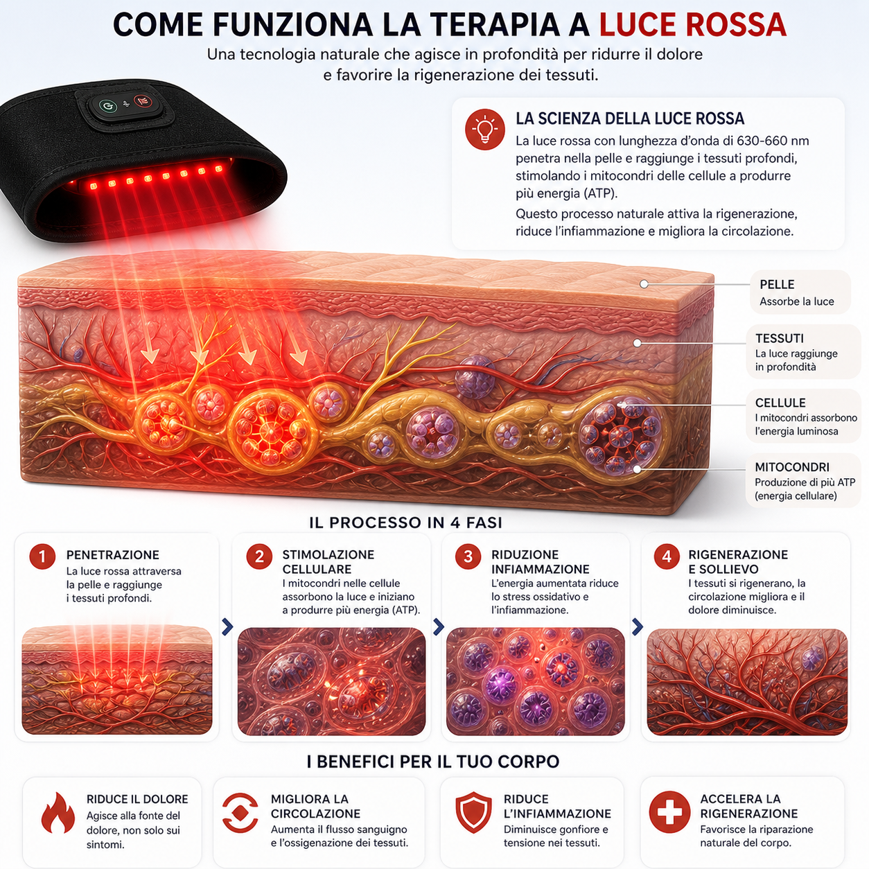 Levora™ Dispositivo terapeutico a luce rossa per alleviare il dolore del tunnel carpale.